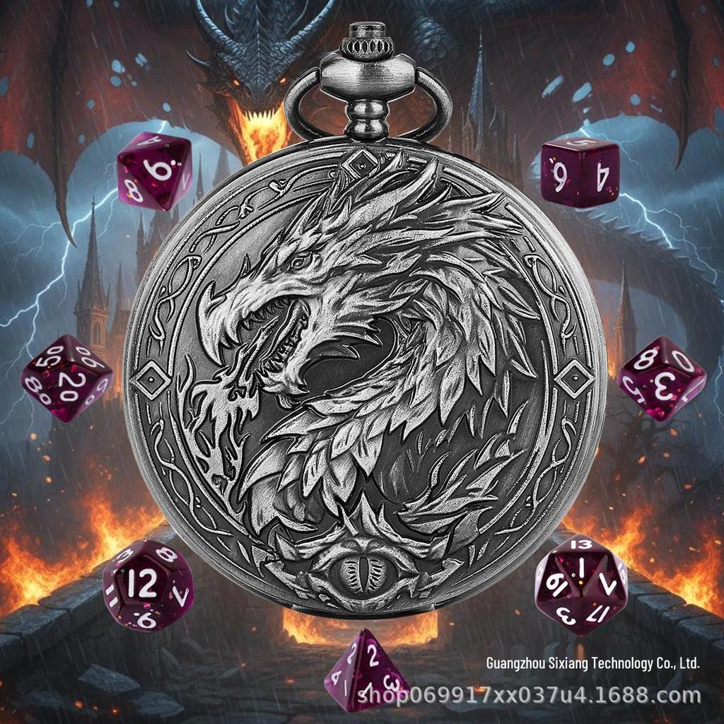 Extra-Large Retro Dragon Fire Pocket Watch Case with DND RPG Dice for Board Games
