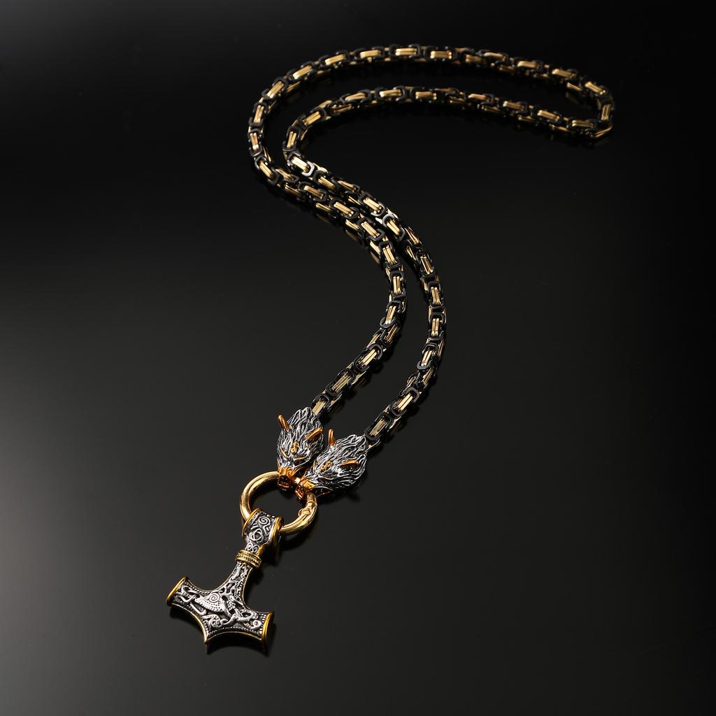 Foreign Trade Retro Nordic Viking Rune Hammer Pendant Wolf Head Necklace Bracelet Jewelry Set Stainless Steel Chain