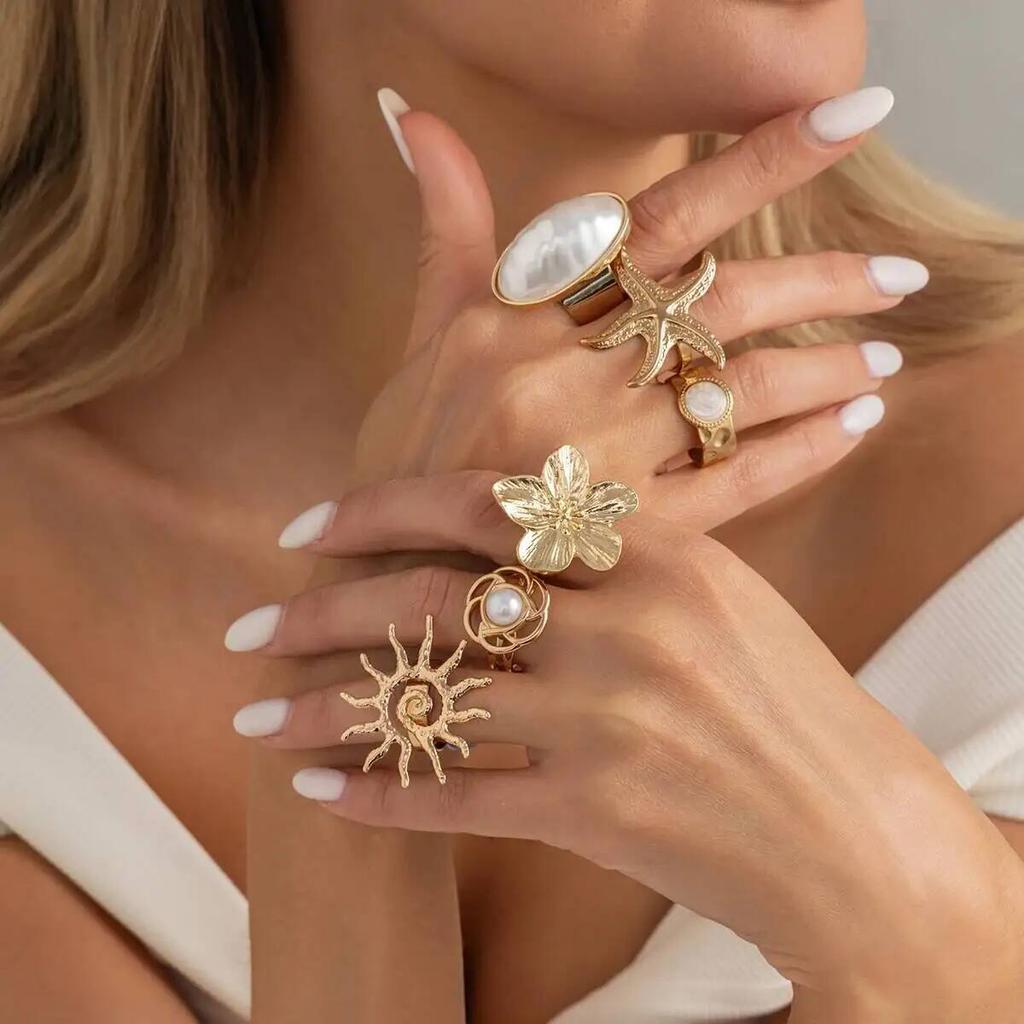 SHIXIN 6Pcs/Set Trendy Sun Flower Starfish Open Rings Women Vintage Imitation Pearl Ring Summer Beach Party Wedding Jewelry Gift