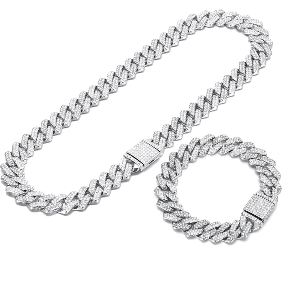 Necklace+Bracelet Cuban Link Chain Hip Hop Men Necklace 14mm Iced Out Paris Chain 2 Row Rhinestone Paved Miami Rhombus Cuban