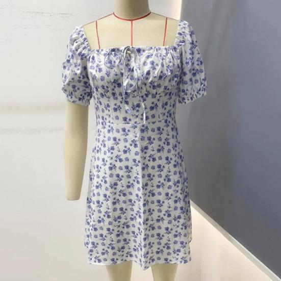 Women Dress Square Neck Elastic Vintage High Waist Pullover Refreshing Flower Print