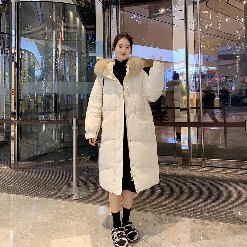 Long Over-the-knee Hooded Down Cotton Coat for Women Winter Big Fur Collar Thick Cotton Coat Trend Parkas Jackets