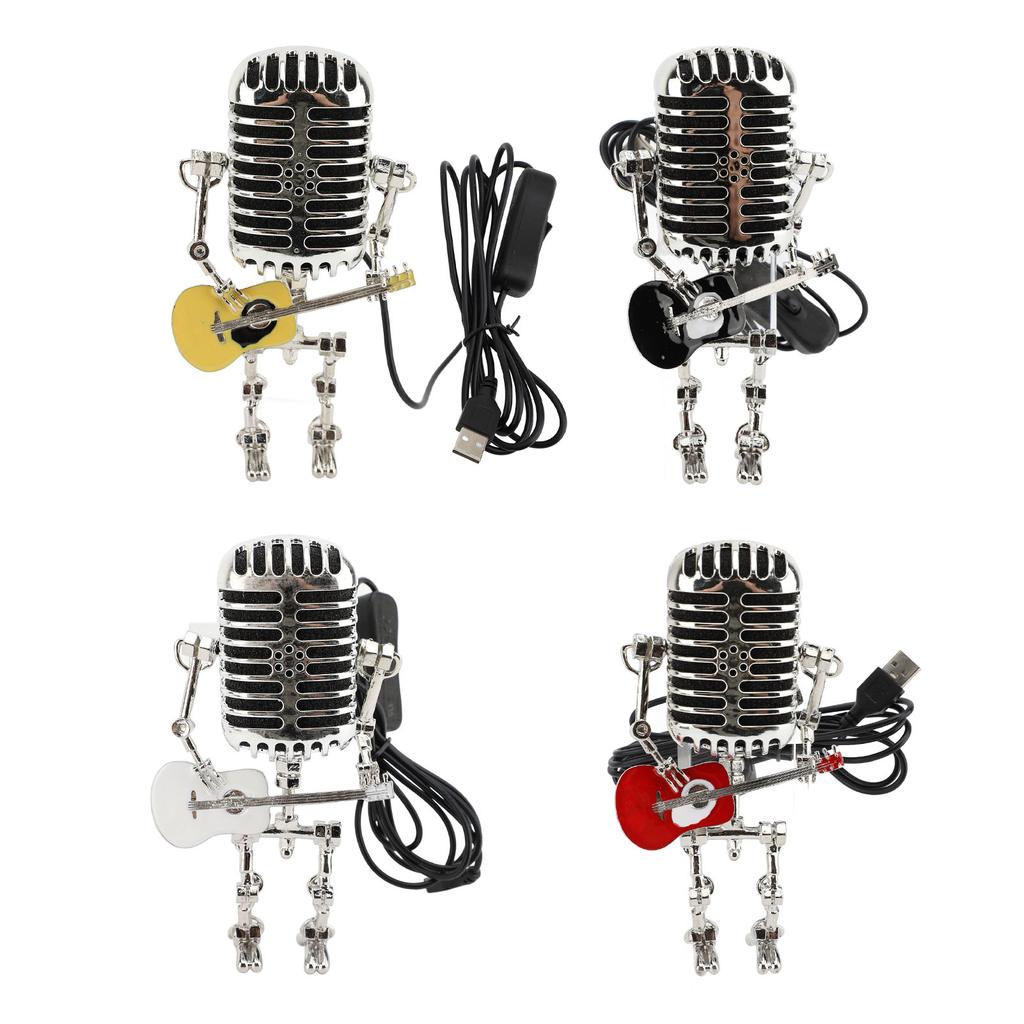 Vintage Microphone Guitar Robot Table Lamp Aluminum Retro Metal Robot Night Light for Bedroom Desk H