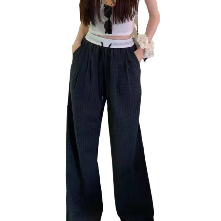 Women's Spring-Summer High-Waist Plaid Wide-Leg Pants - Korean Style Casual Sports