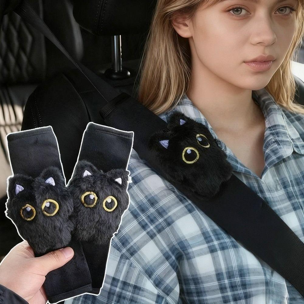 Black Cat Car Safety Shoulder Pads Soft Plush Pressure-Relief Car Seatbelt Shoulder Guard Seat Belt Protective Cover