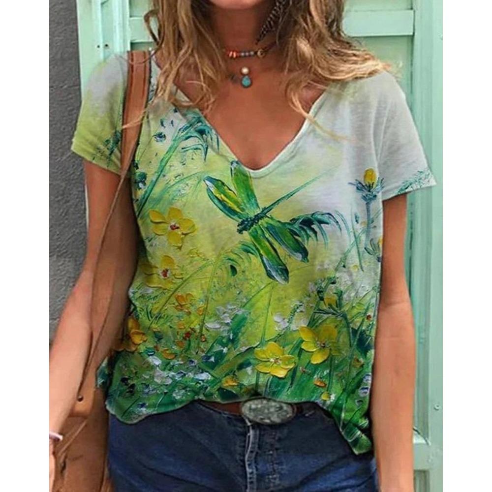 Summer Flower T-Shirts Floral 3D Print Women V-Neck Short Sleeve T Shirt Y2k Harajuku Oversized Tees Tops Female Street Clothing
