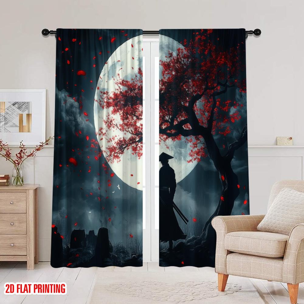 2Pcs,2D Plane Printing Window Curtain Moonlit Samurai Versatile 100% Polyester (Without Rod) Home Decor For Living Room &