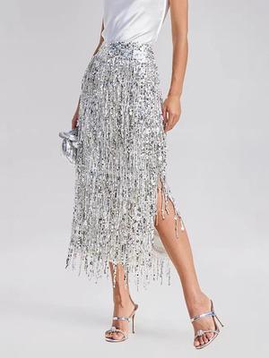 Falda Lápiz de Lentejuelas con Borlas y Abertura para Mujer - Color Sólido, Estilo Europeo y Americano