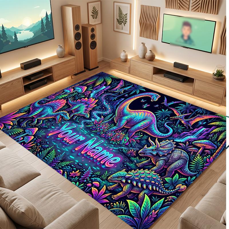 Dinosaur Theme Soft Crystal Velvet Rug Custom Name & Text Print Non Slip Floor Rug for Bedroom Living Room
