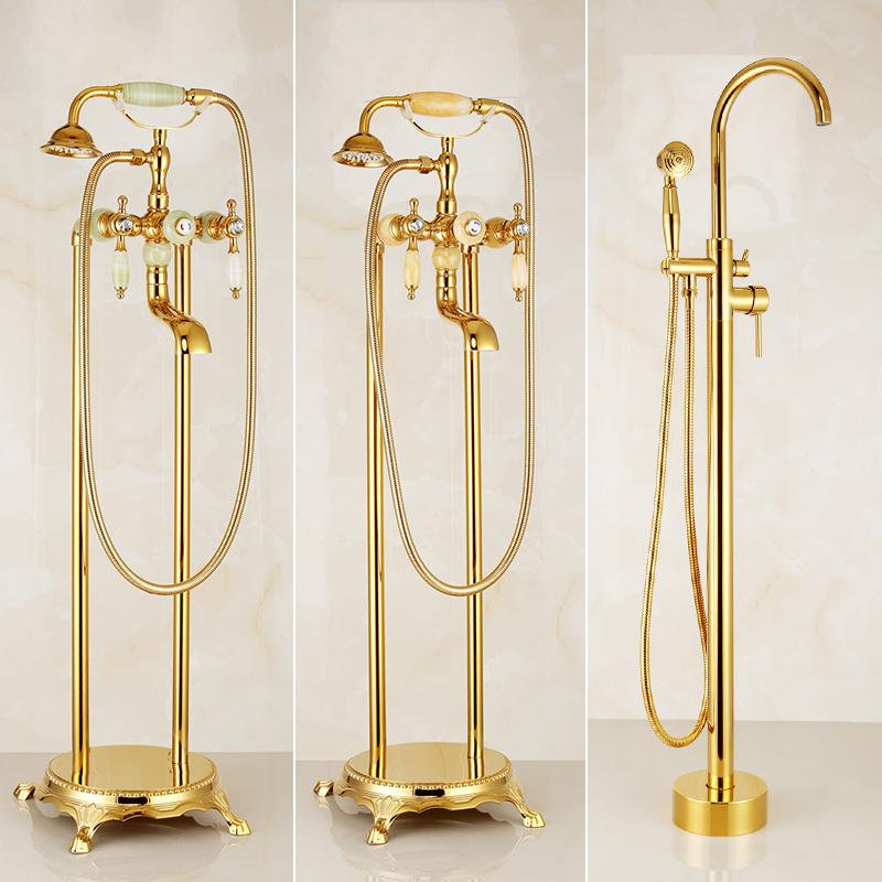 Gold Brass Floor Stand Bathtub Shower Faucet Swivel Spout Bathroom Jade shower faucet Mixers Tap Jade Standing Bathtub Faucet