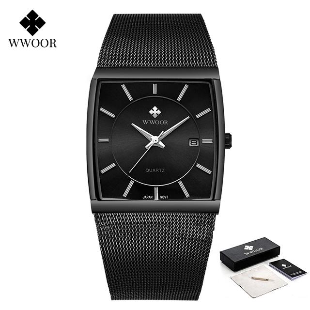 Wwoor Brand Luxury Gold Men Square Japan Quartz Slim Mesh Steel Waterproof Sports Automatic Date Wrist Watches Relogio Masculino