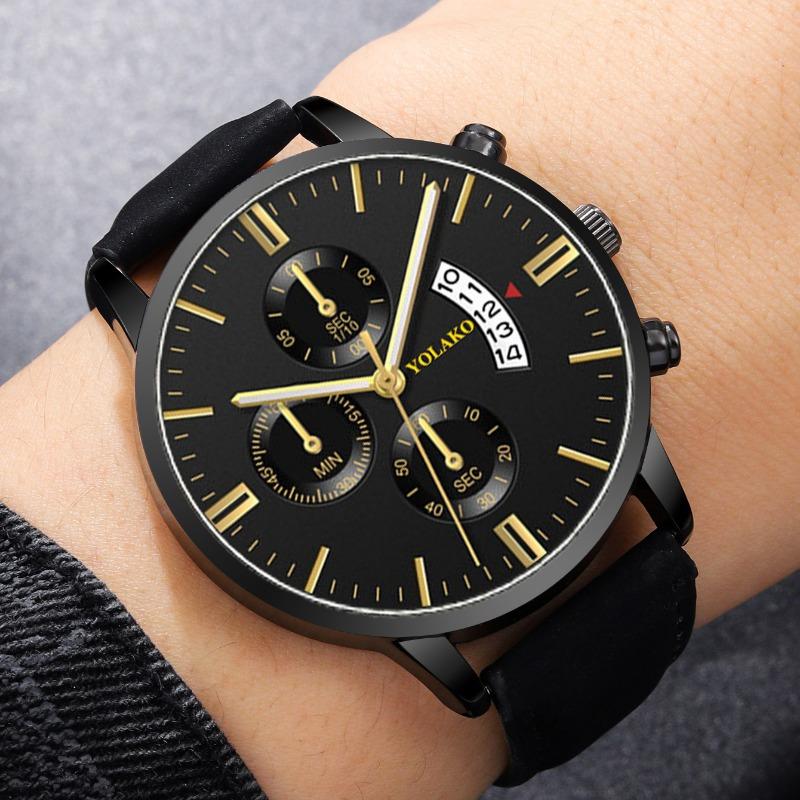 2-teiliges Set Herrenmode-Uhren Herren Neue Luxus-Leder-Kalender-Quarz-Uhren & Schwarze Leder-Geldbörse Herren-Geschenke Beste Wahl