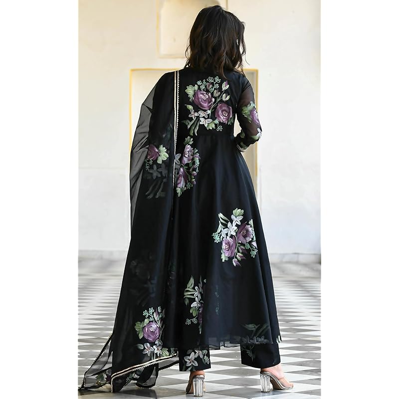 Sugathari Women s Black Georgette Anarkali Floral Printed Kurta with Pant & Dupatta (Dress 113 Black L) S чёрный