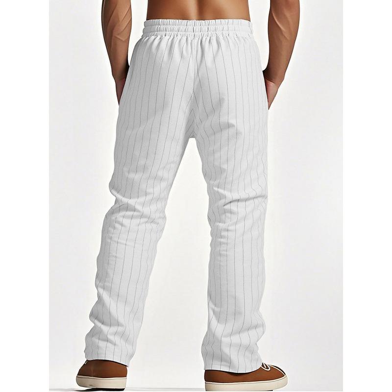 Linen Beach Trousers with Drawstring and Vertical Stripes Straight-Leg Comfortable Breathable Casual Long Trousers for Men