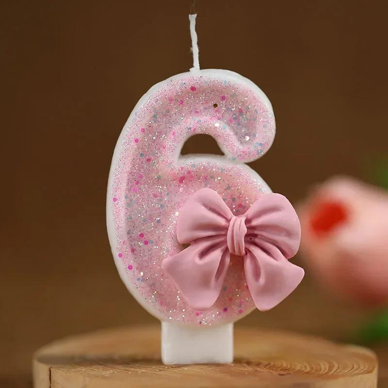 1PCS Cute Sequin Pink Big Number Bowknot Candle 3D Design Cake Topper Decoration Girls Birthday Cake Candles Dessert Ornament