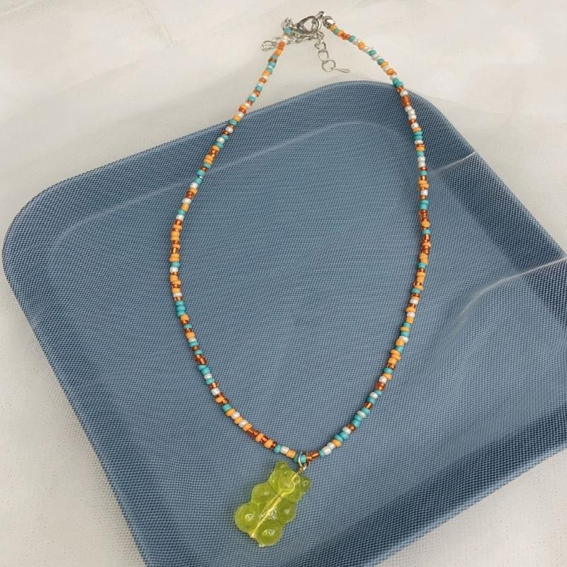 Korean Multicolored Bear Pendant Necklace Bohemia Love-heart Ornament Collar Chain Rice Beaded Choker Chain for Girls