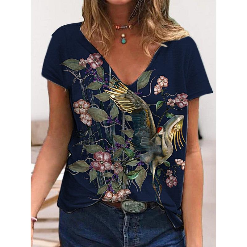 Summer V-neck 3D Flower Printed Top Fashionable Casual Short Sleeved Women's T-shirts