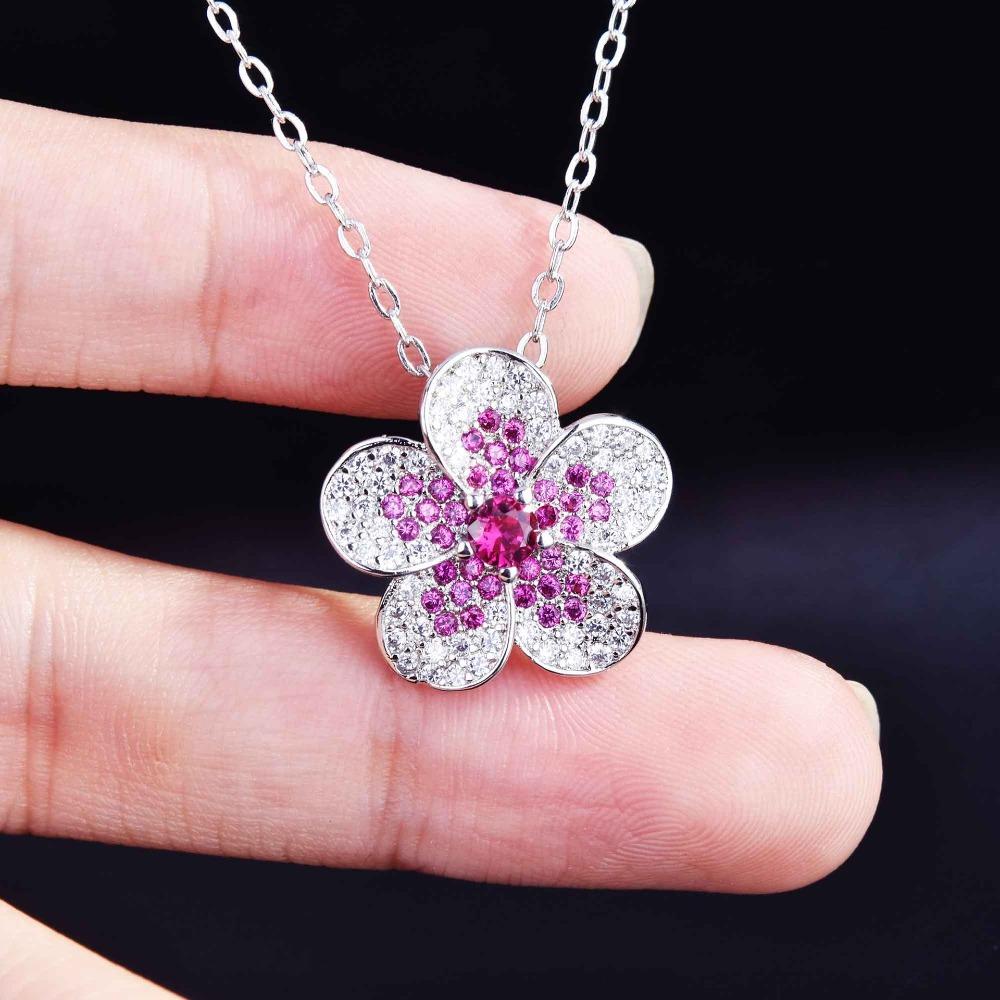 

Elegant Red Diamond Flower Necklace with Blue Sapphire and Yellow Gemstone Pendant for Women