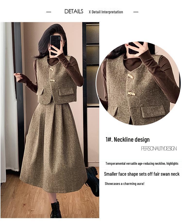 Modă Coreeană Retro Vestă & Fustă Midi Set Slimming Trei Piese pentru Femei