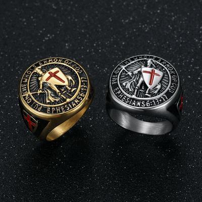 European-American Hip-Hop Men's Gold-Plated Titanium Ring with Vintage Templar Red Cross Shield