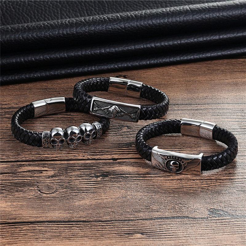 Fashion Braided Leather Bracelets Skull Bracelet Punk Wrap Bracelet Stainless Steel Magnetic Buckle Fashion Bangles