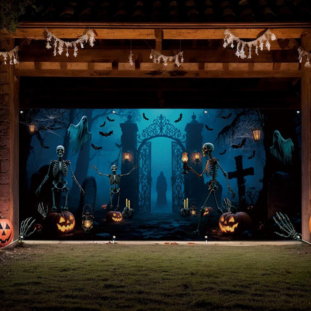 Halloween Garage Door Cover Terrifying Skull Lantern Background Banner Outdoor Waterproof Decoration Mural Backdrop Cover