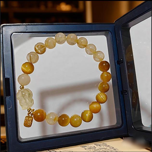 Women's Natural Golden Tiger Eye & Rutilated Quartz Crystal Bracelet - Elegant Wealth Stone Gift