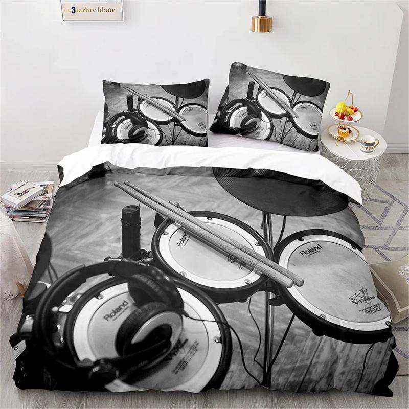 Drum Kit King Queen Duvet Cover Rock Musical Style Bedding Set for Kids Teens Adults Hip Hop Grunge 2/3pcs Polyester Quilt Cover