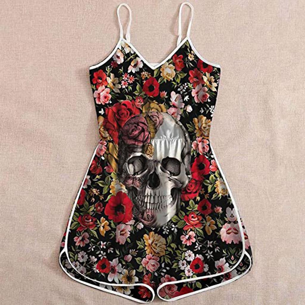 Wish Halloween print lady skull suspender jumpsuit