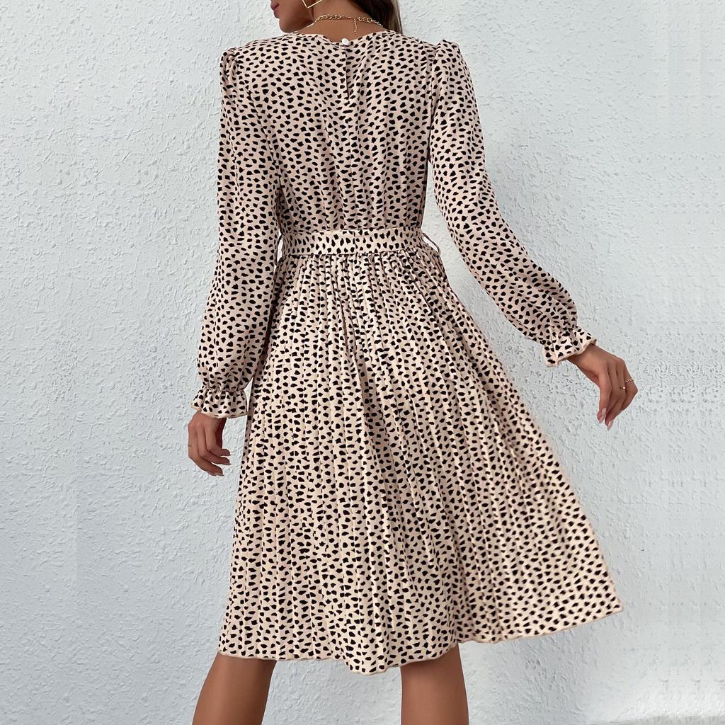 2024 Autumn Women's Long Sleeve Tie-up Leopard Print Dress