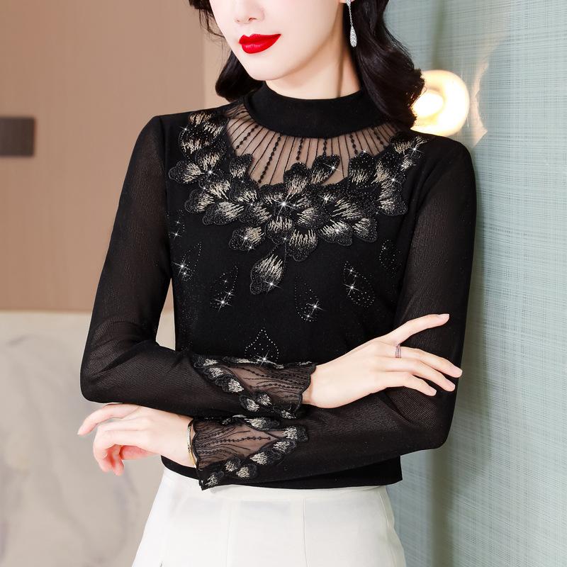 Korejská verze spodního prádla Dámské jarní nové polorolák sametové zesílené síťoviny s dlouhým rukávem