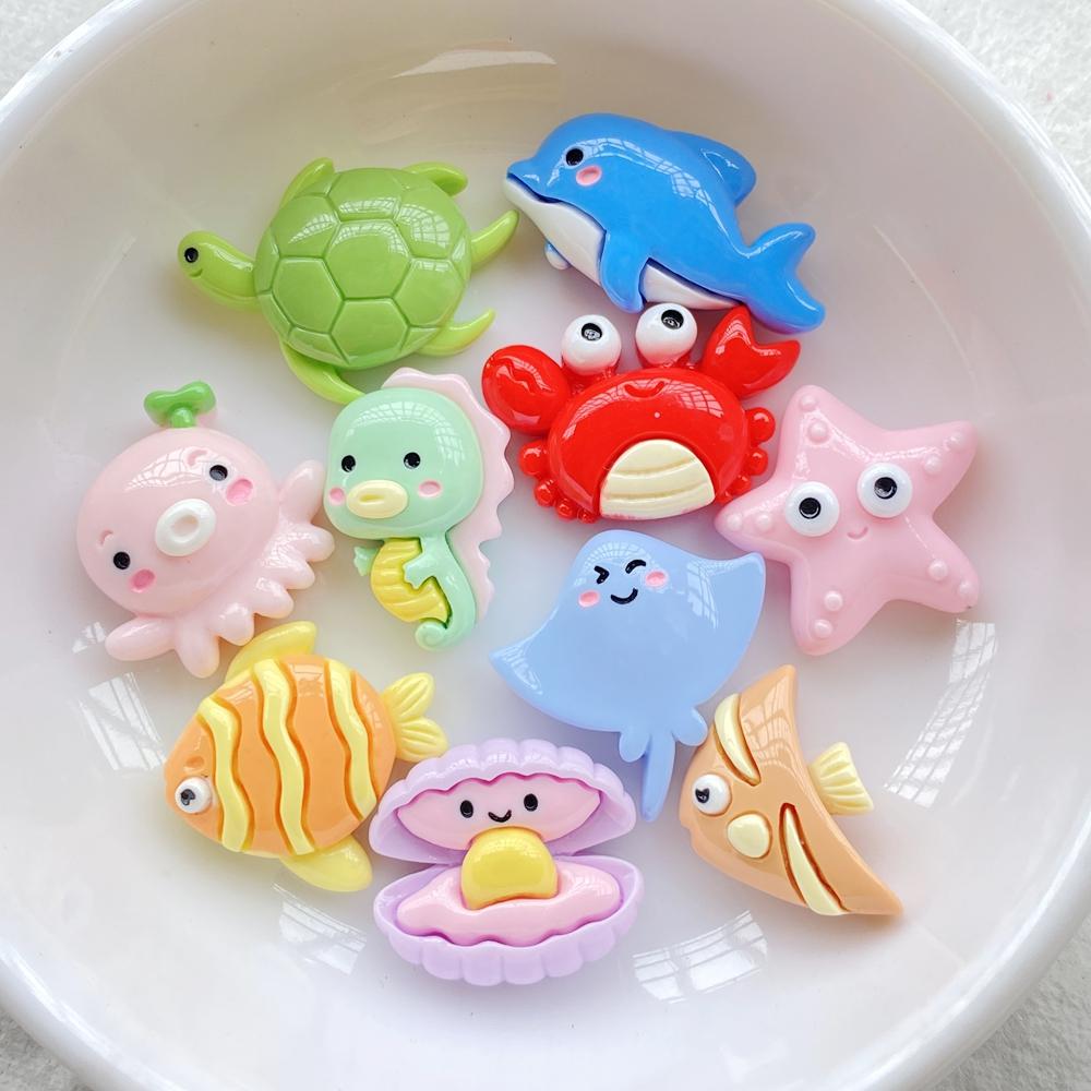 10Pcs New Resin Cartoon Starfish, Crab, Shell, Fish Series Flat Back Cabochons Scrapbooking DIY Jewelry Craft Decoration