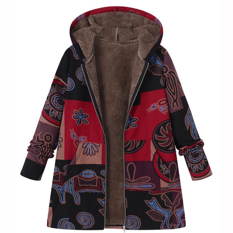 Printed Hooded Long Sleeve Coat Oversized Vintage Women Autumn Winter Warm Plush Jacket Casual