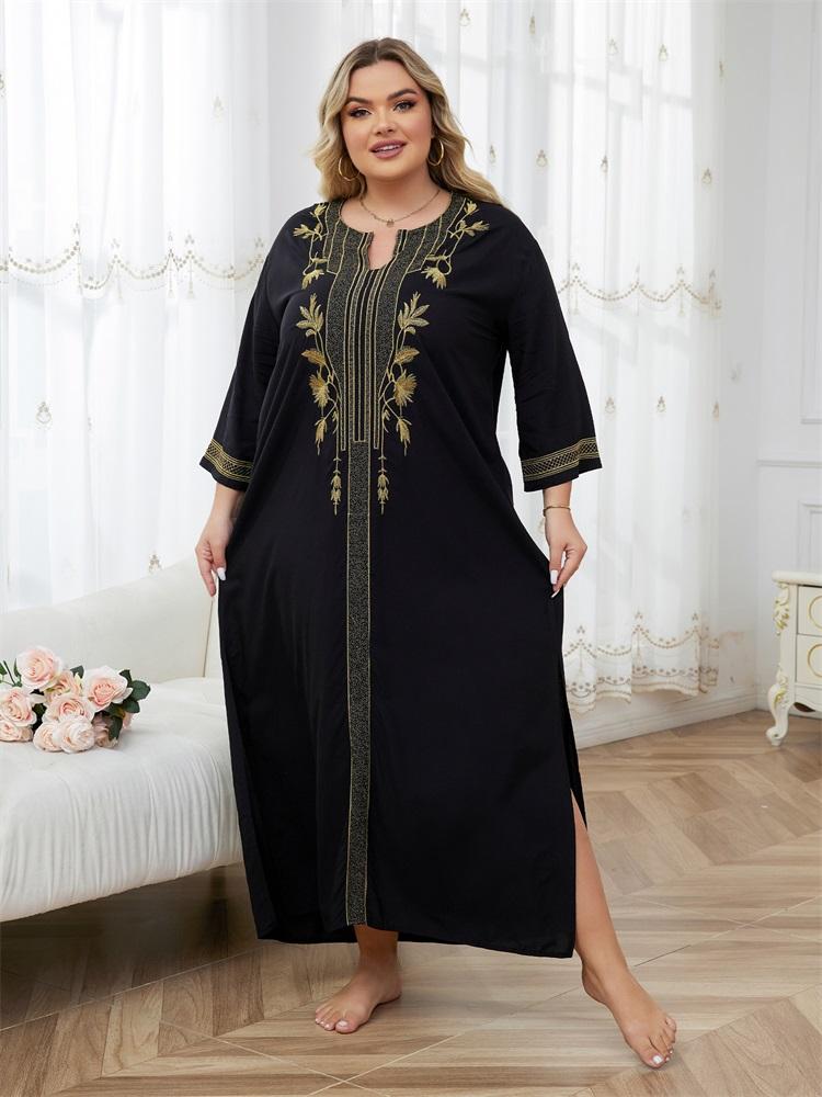 EDOLYNSA Золотая вышивка Женское черное платье-кафтан большого размера Домашний халат — фото 4