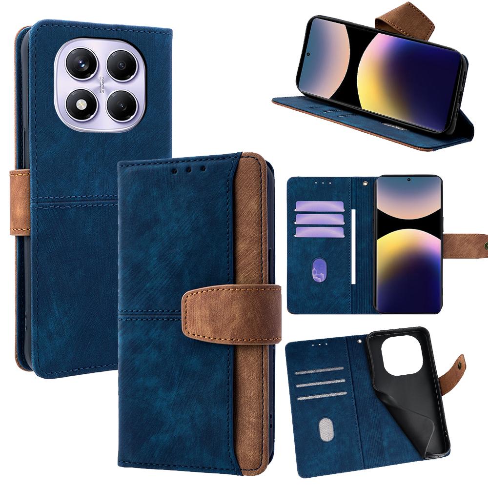 

For Xiaomi Redmi Note 14 Pro 4G Case RFID Blocking Color Splicing PU Leather Wallet Phone Cover Blue