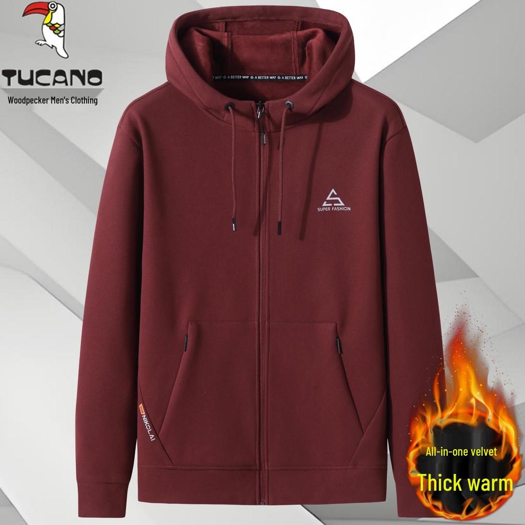 Men's Woodpecker Plus Red Knit Velvet Hoodie Jacket - Plus Size, Thin Fleece, Autumn/Winter Sports Cardigan