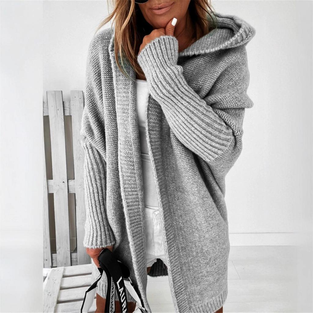 2025 New Knitted Hoodie Sweater Temperament Commuter Bat Type Loose Solid Color Hooded Sweater Jacket Women