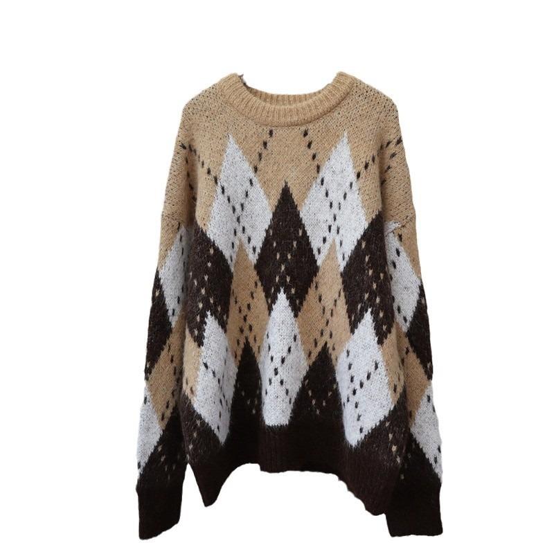 Autumn and winter new loose lazy style knitted sweater top retro contrasting color diamond sweater pullover woman