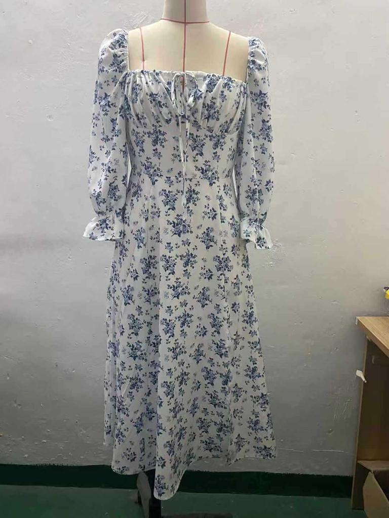 2025 Spring & Autumn European-American Bohemian Backless Print Long Sleeve Dress