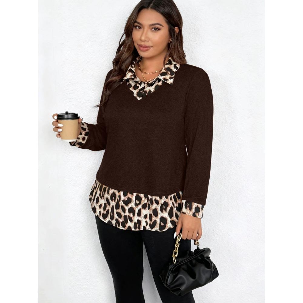 Hot Girl Leopard Print Patchwork Lapel Long-sleeved T-shirt for Women's Spring New Fitted Base Layer