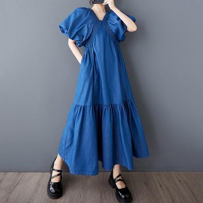 Kurzarm Übergröße Denim Vintage Neu in Kleider für Frauen lässig locker langes Sommerkleid