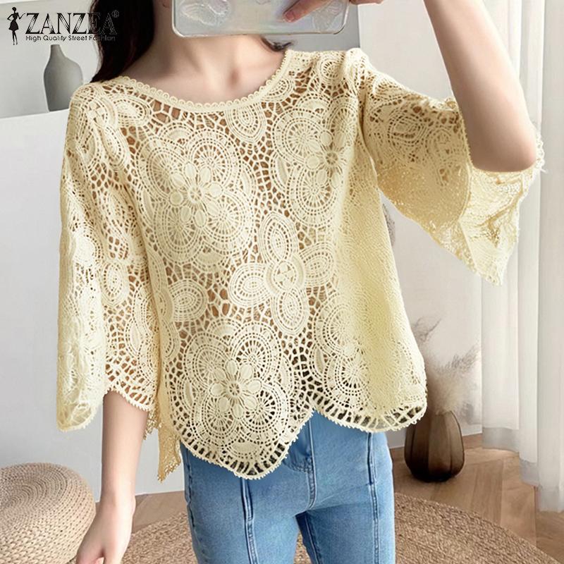 ZANZEA Women Summer Casual 3/4 Sleeve Loose Hollow Out Lace Crochet Blouse