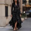 Women's Black Long Sleeve Midi Dress with V-Neck, Bow Tie, and Asymmetrical Ruffle Hem