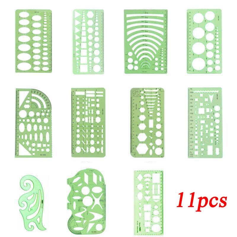

11 шт. Геометрические шаблоны для рисования с полым узором, измерительные линейки, портновские швейные чертежные принадлежности, школьные канцелярские товары, строительные инструменты