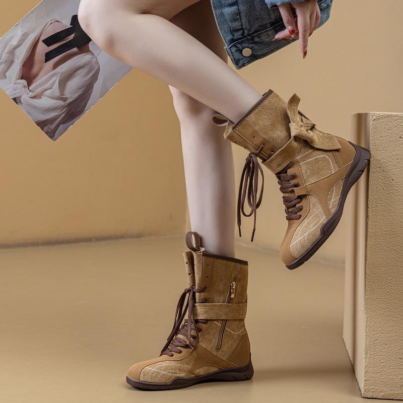 Retro Boxing Boots Inner Height Increasing Suede Maillard Fashion Medium Boots Women's Sports Outdoor Boots Autumn