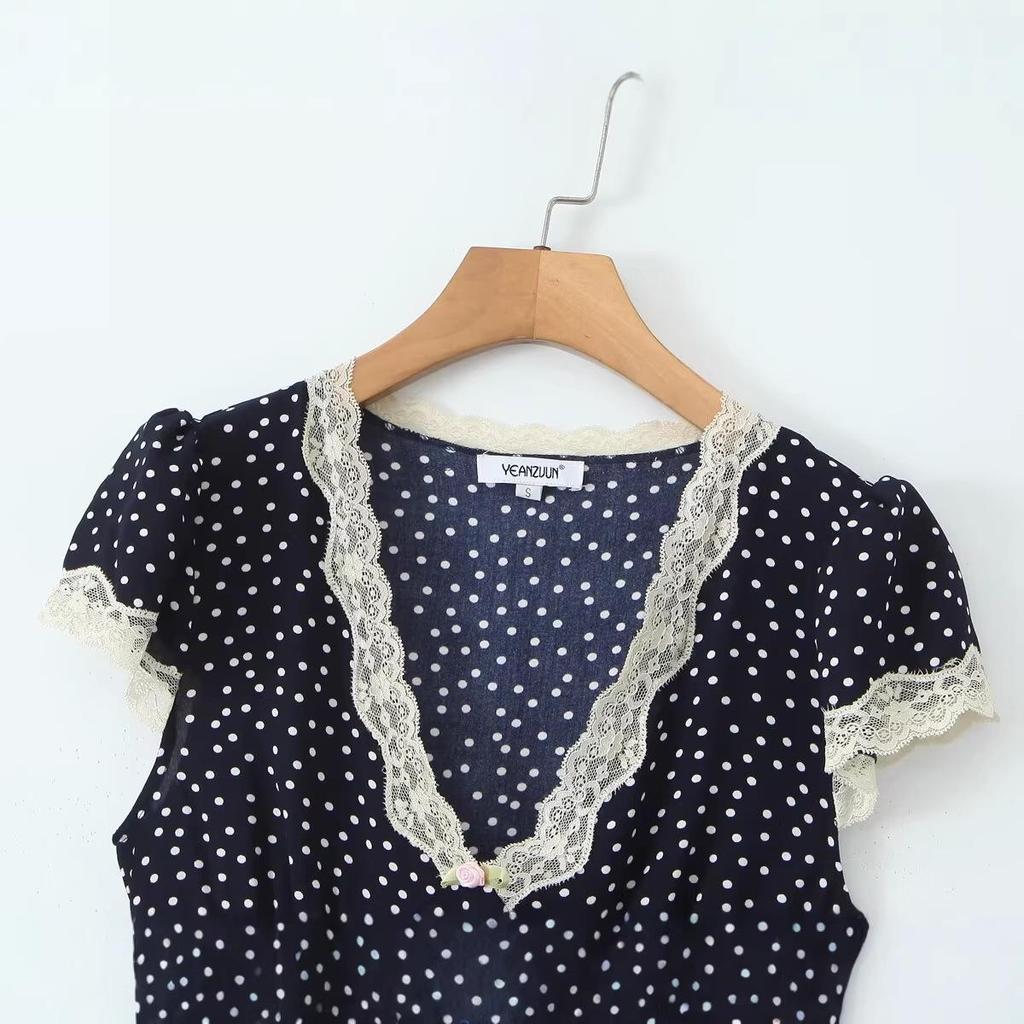 Elegant French Polka Dot Long V-Neck Lace Dress - Women's Summer 2026 Slimming Short-Sleeve Skirt.