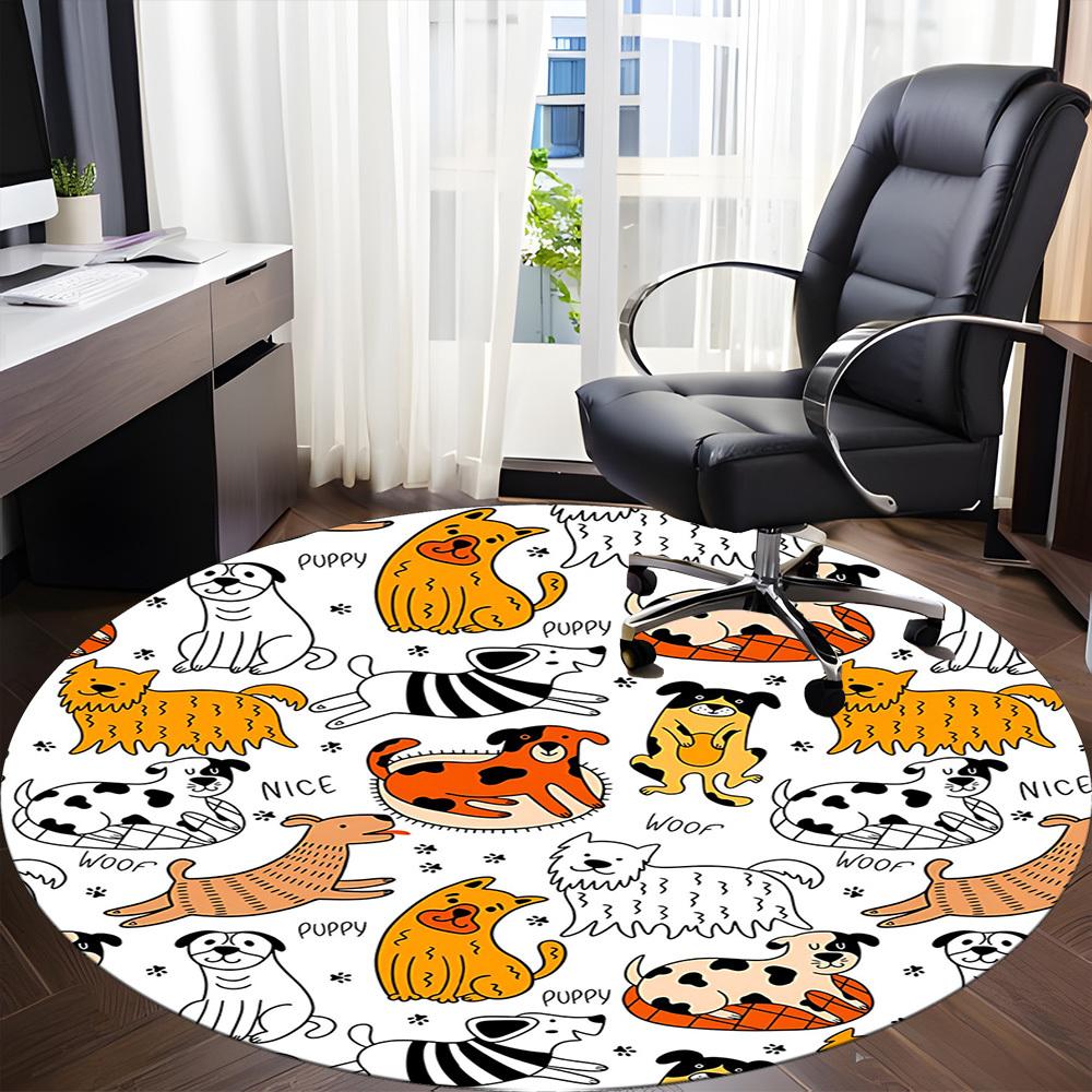 1PC Dogs Puppies Office Round Area Rug, Mat Suitable For Office, Under Office Chairs Bedroom Living Room Home Decor, Room Deco