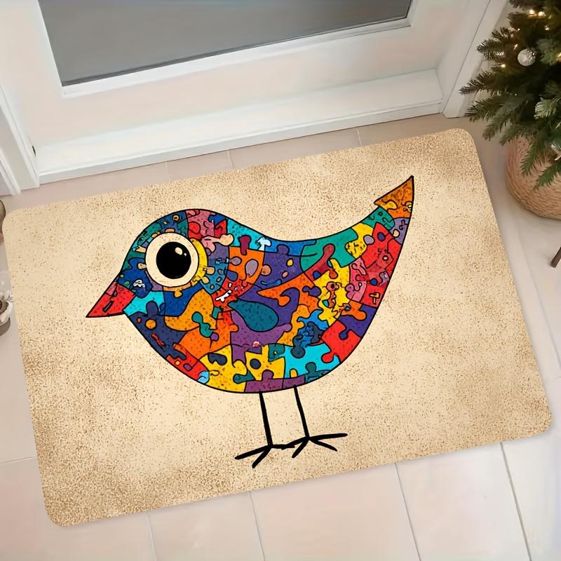 1pc Non-Slip Flannel Suitable for Home, Adhesive Backing Soft Floor Mat with Colorful Jigsaw Bird Pattern, Machine Washable Suitable for Entrance, Bed