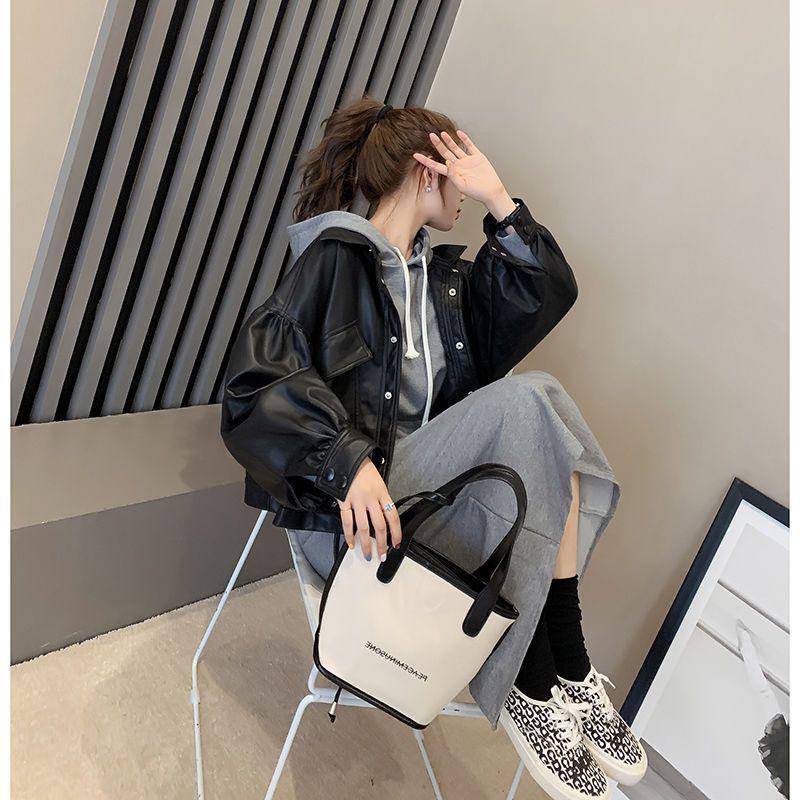 Women's Fashionable Loose Leather Motorcycle Jacket with Shirt Collar and Drawstring - Korean Style