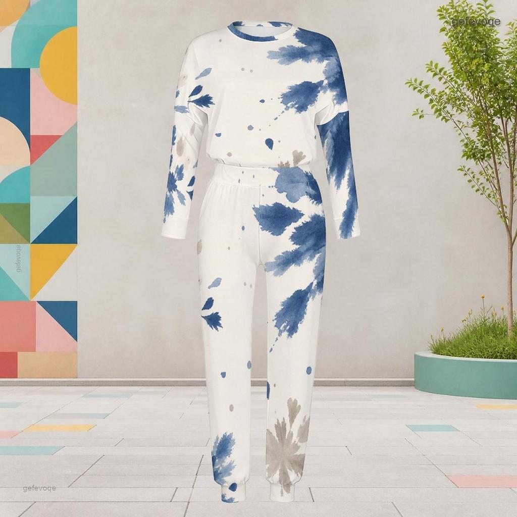 Women Plus Size Blue Beige Round Neck Long Sleeve Tie Dye Printed Two Piece Set Cuffed Tops Pants With Pockets